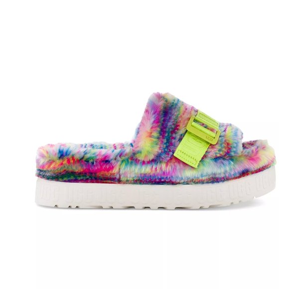 NWOB UGG Fluffita Pixelate Slide Sandals | Size 9 Multicolor Faux Shearling - Picture 2 of 9